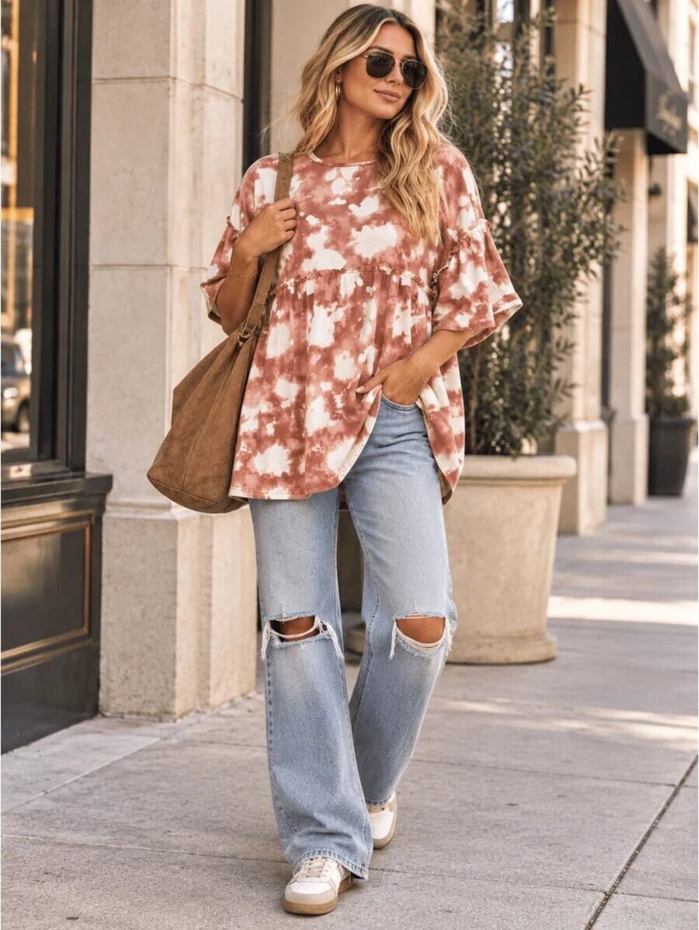 ENTRO WOMEN'S SHORT RUFFLE SLEEVE TIE DYE TUNIC BLOUSE